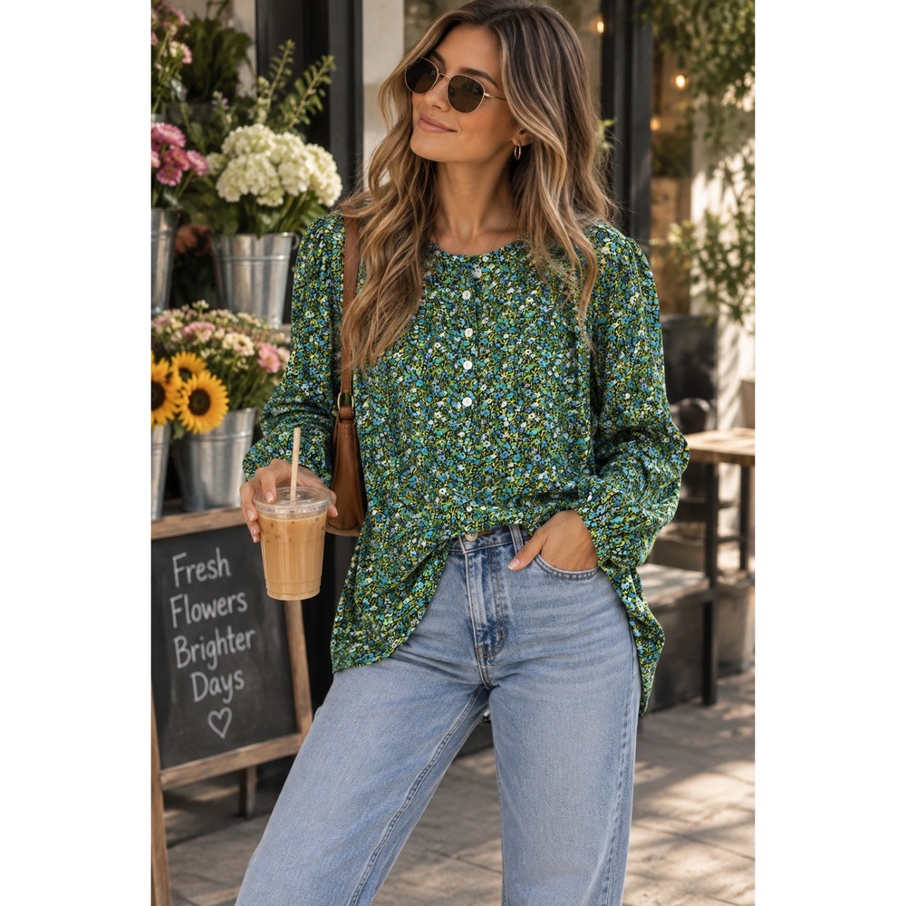 J Jill Blouse Womens Medium Green Blue Floral Cottagecore Boho